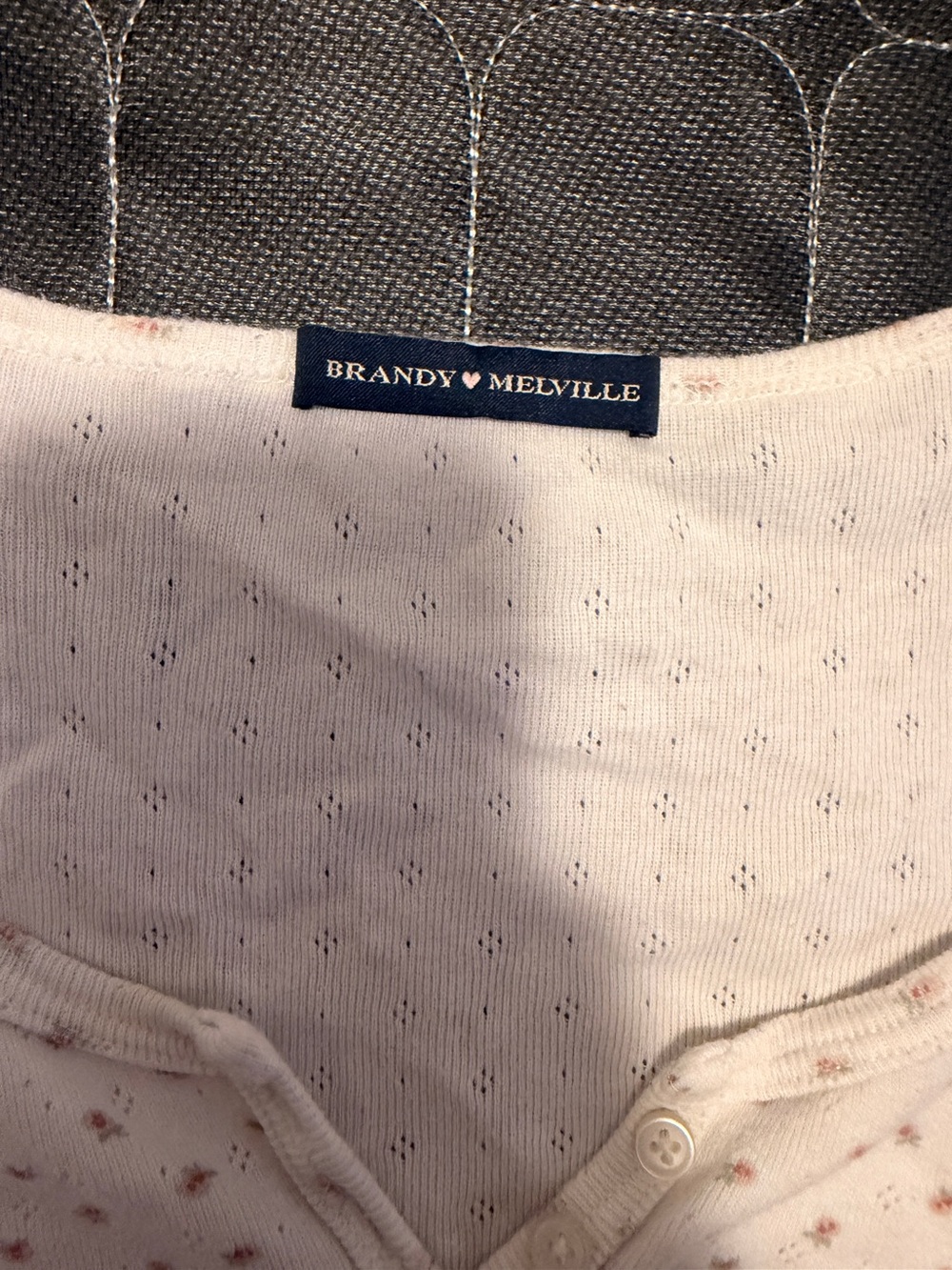 Brandy Melville Cream Scoop-Neck Henley Tee with Pink Micro Floral - Picture 2 of 3